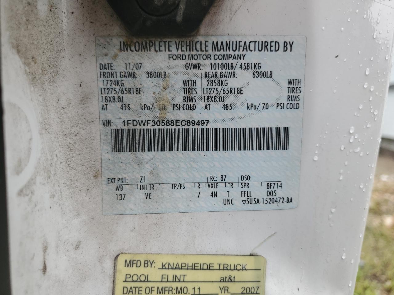 2008 Ford F350 Srw Super Duty VIN: 1FDWF30588EC89497 Lot: 59840594