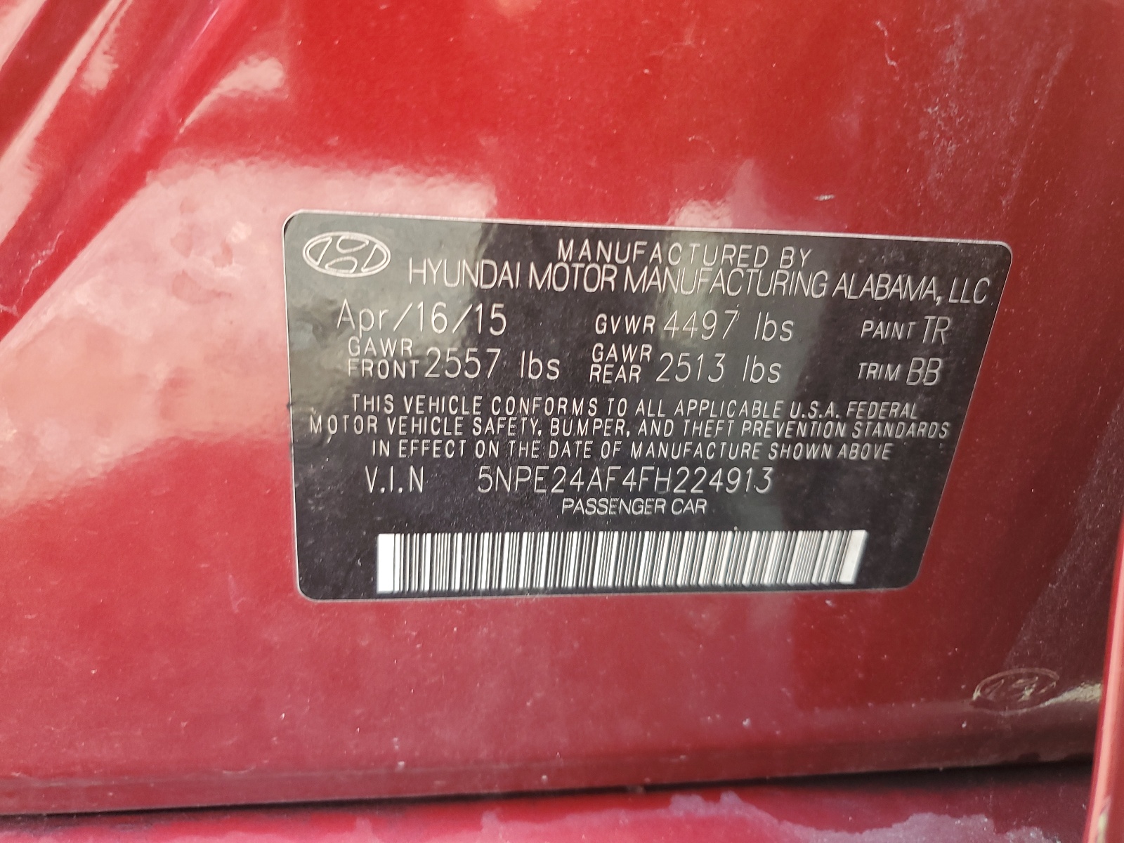 5NPE24AF4FH224913 2015 Hyundai Sonata Se