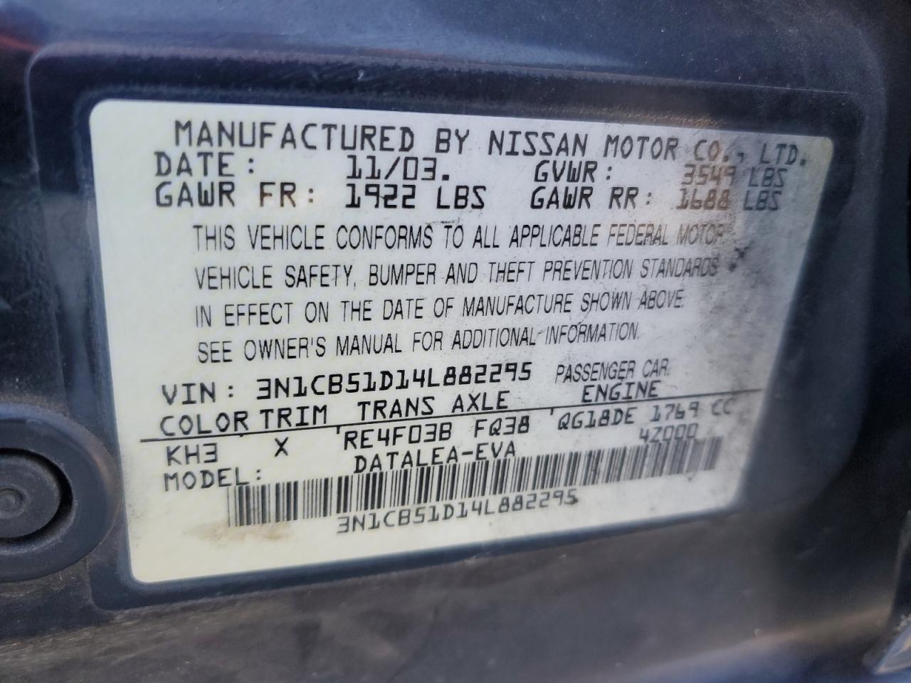 2004 Nissan Sentra 1.8 VIN: 3N1CB51D14L882295 Lot: 58620304