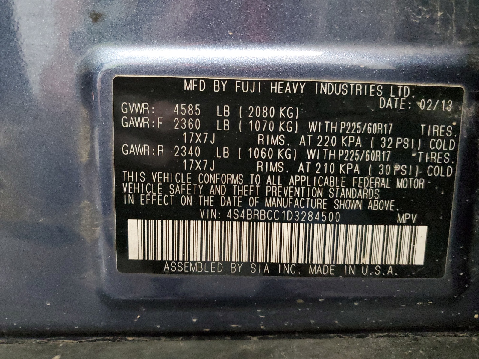 4S4BRBCC1D3284500 2013 Subaru Outback 2.5I Premium