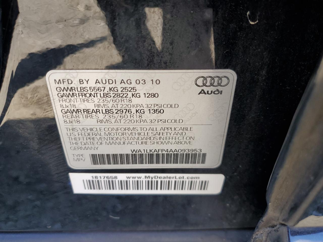 2010 Audi Q5 Premium Plus VIN: WA1LKAFP4AA093953 Lot: 58511844