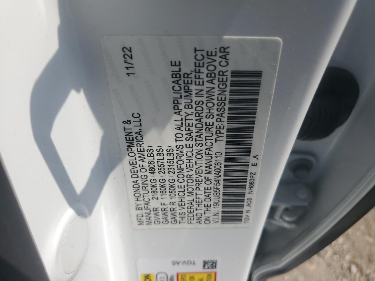 2022 Acura Tlx Tech A VIN: 19UUB5F54NA006110 Lot: 60682564