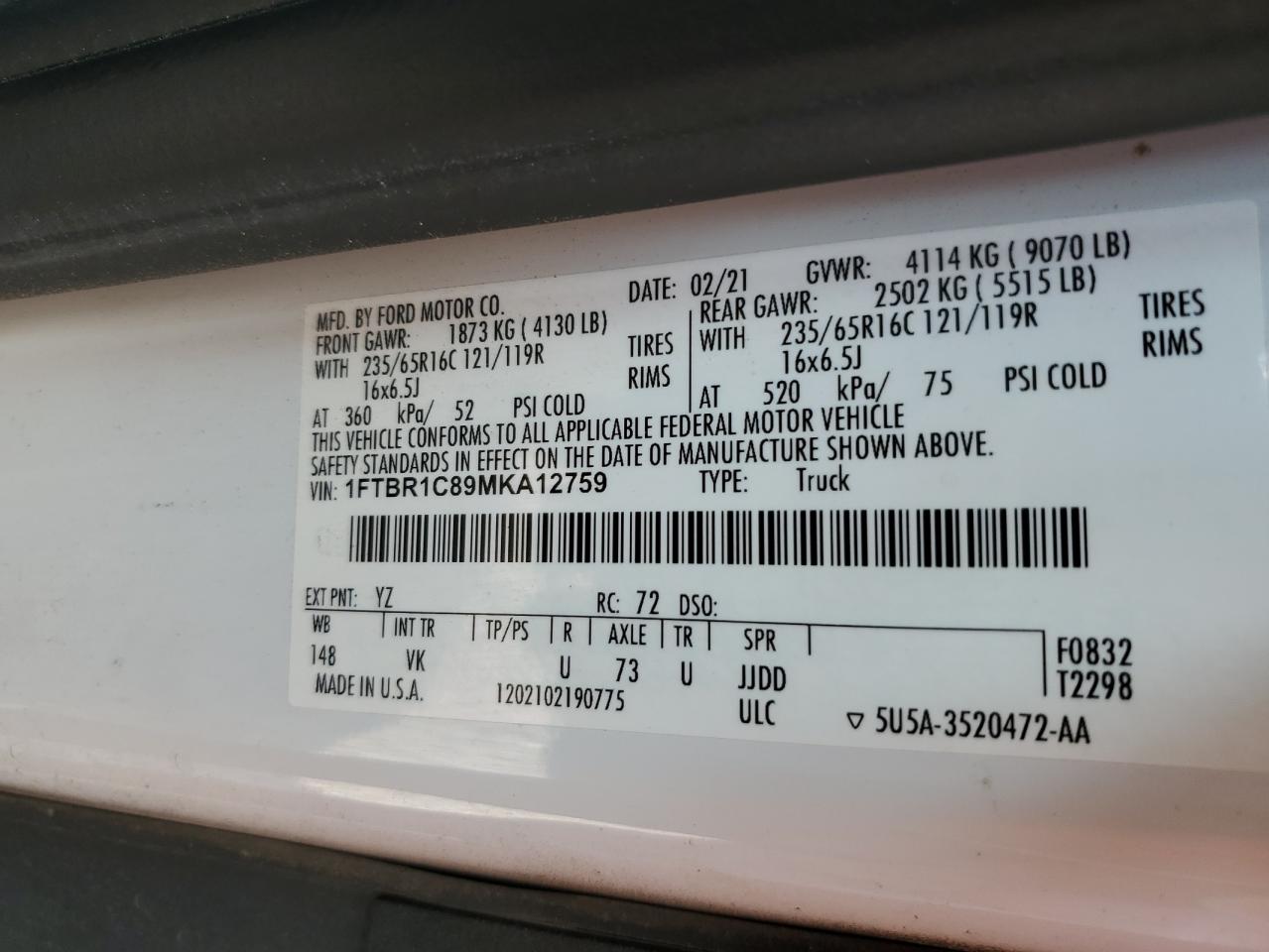 2021 Ford Transit T-250 VIN: 1FTBR1C89MKA12759 Lot: 59356934