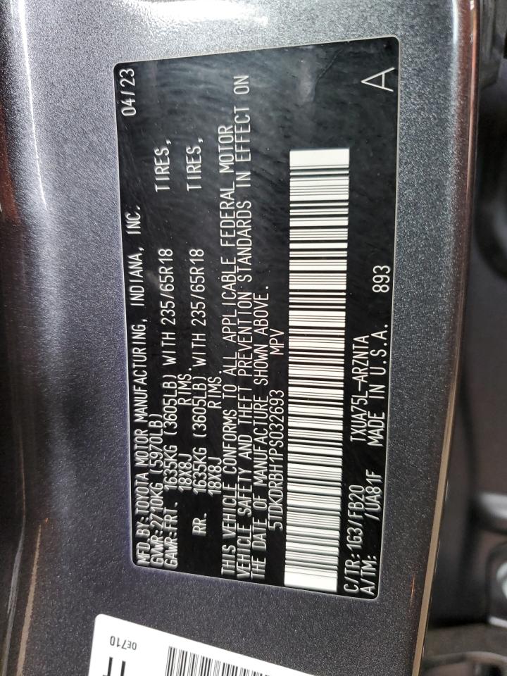 2023 Toyota Highlander L VIN: 5TDKDRBH1PS032693 Lot: 58493674