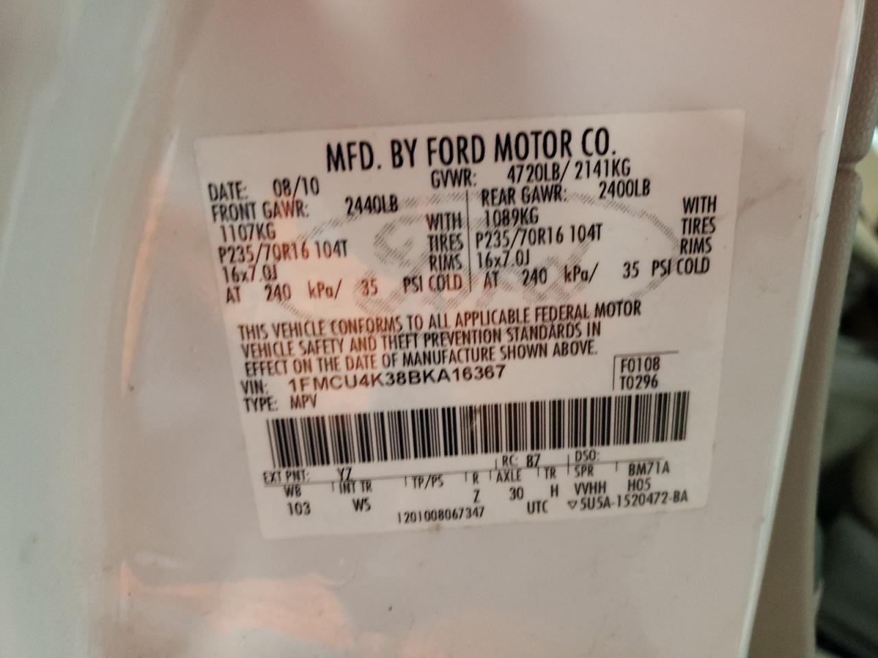 2011 Ford Escape Hybrid VIN: 1FMCU4K38BKA16367 Lot: 61245424