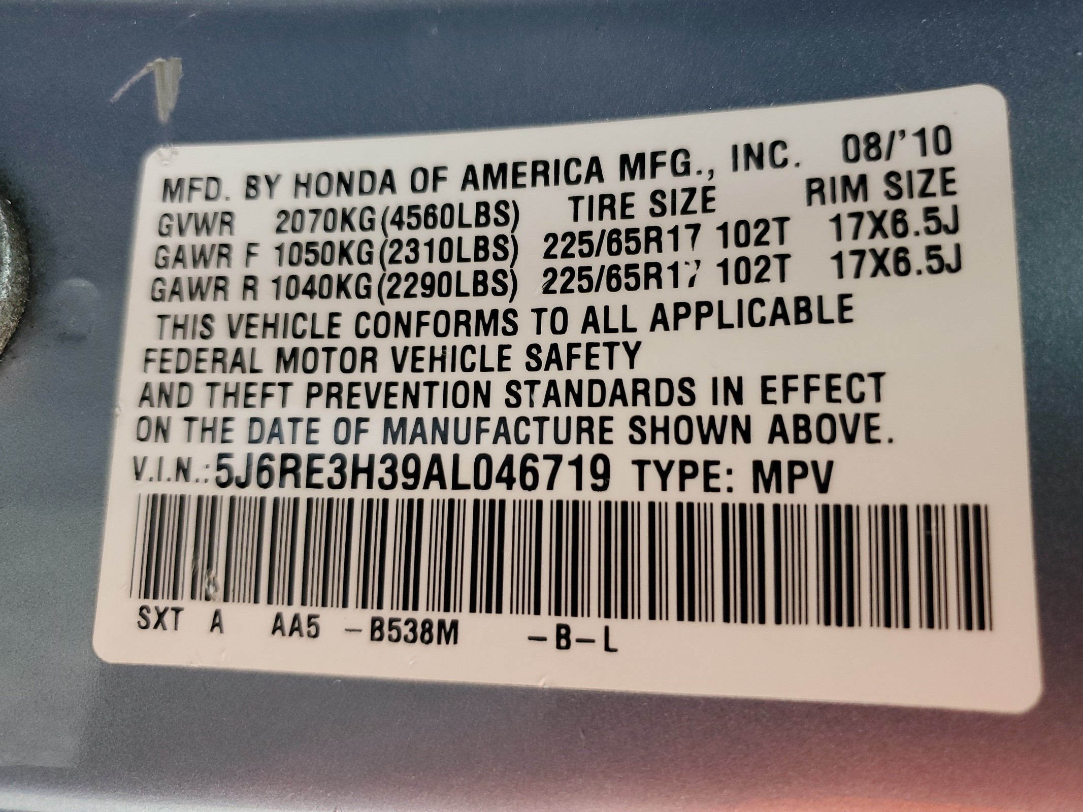 5J6RE3H39AL046719 2010 Honda Cr-V Lx