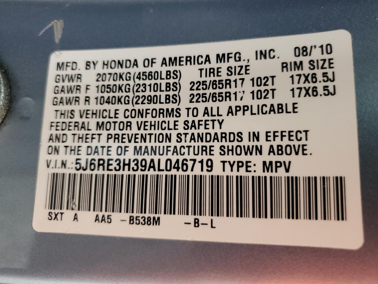 2010 Honda Cr-V Lx VIN: 5J6RE3H39AL046719 Lot: 59561504