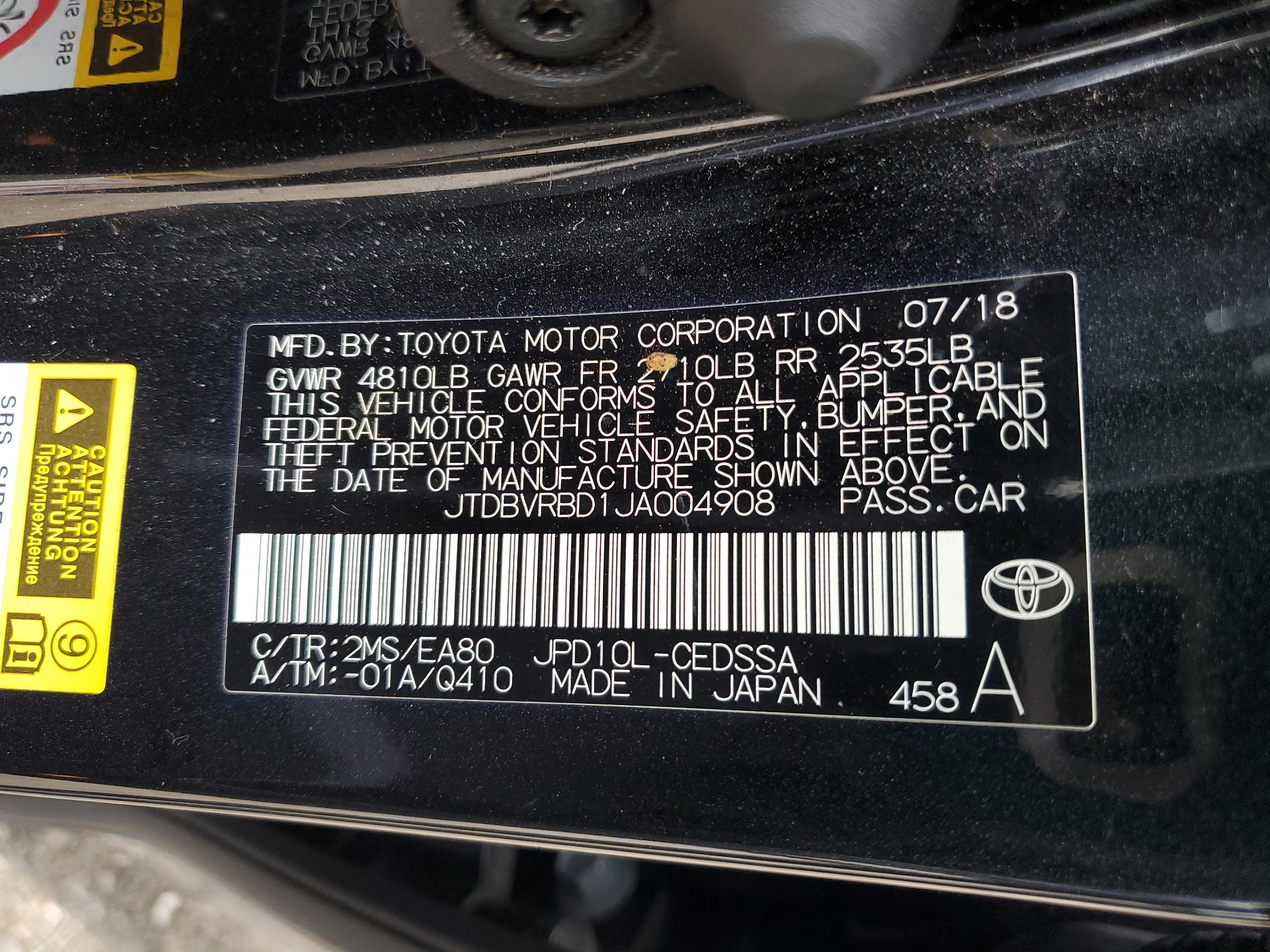 JTDBVRBD1JA004908 2018 Toyota Mirai