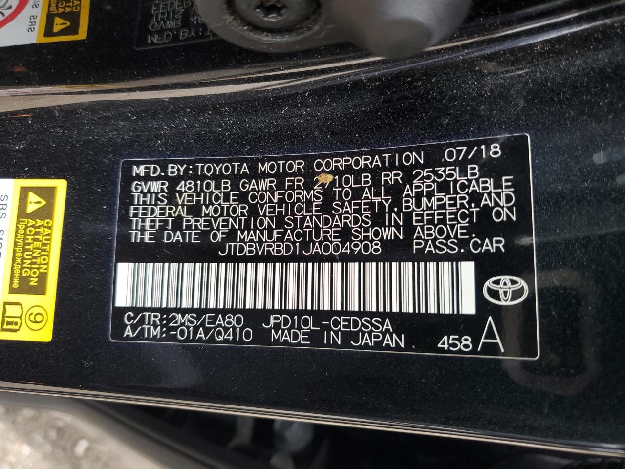 2018 Toyota Mirai VIN: JTDBVRBD1JA004908 Lot: 58073084