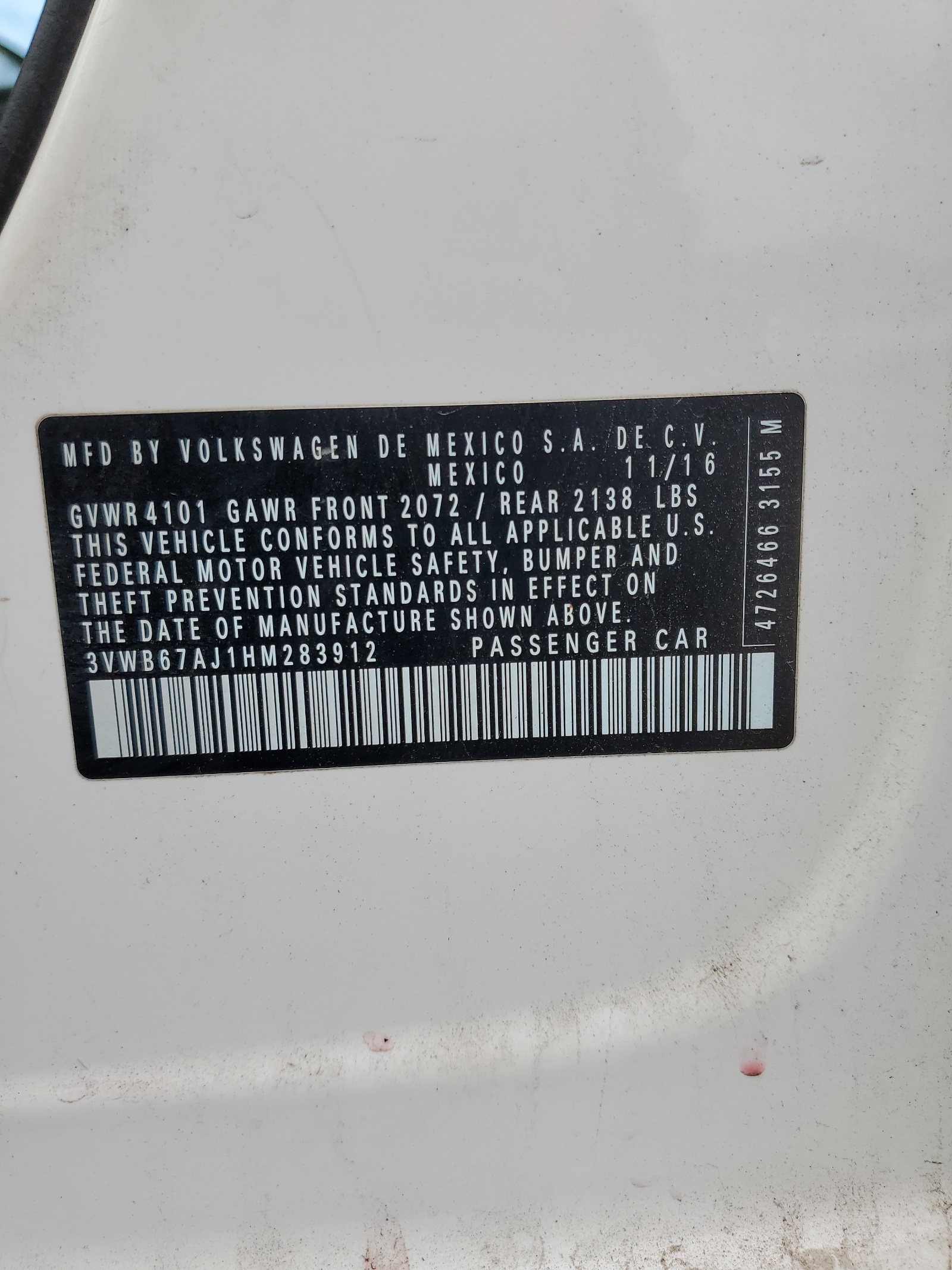 3VWB67AJ1HM283912 2017 Volkswagen Jetta Se