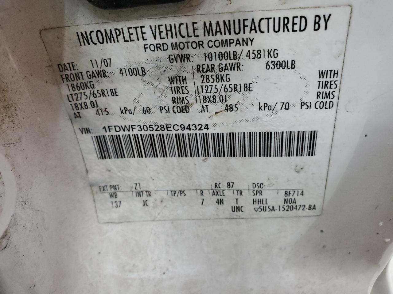 2008 Ford F350 Srw Super Duty VIN: 1FDWF30528EC94324 Lot: 59840614