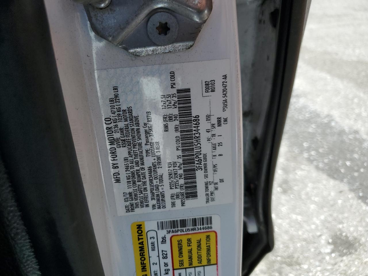 2017 Ford Fusion Se Hybrid VIN: 3FA6P0LU5HR344686 Lot: 59358784