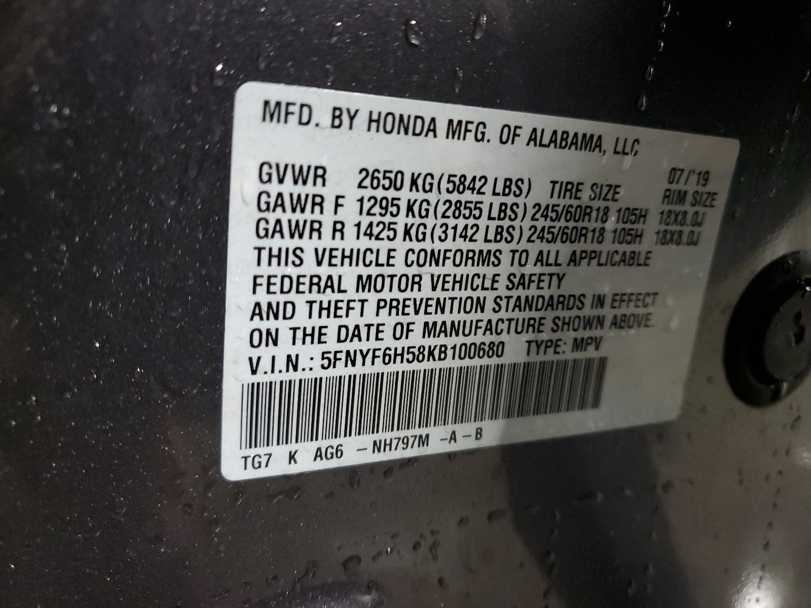 5FNYF6H58KB100680 2019 Honda Pilot Exl