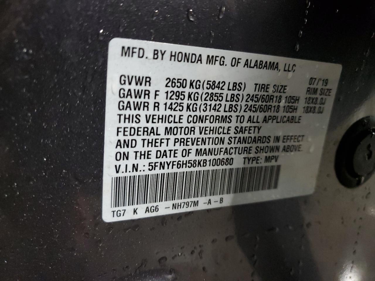 5FNYF6H58KB100680 2019 HONDA PILOT - Image 14