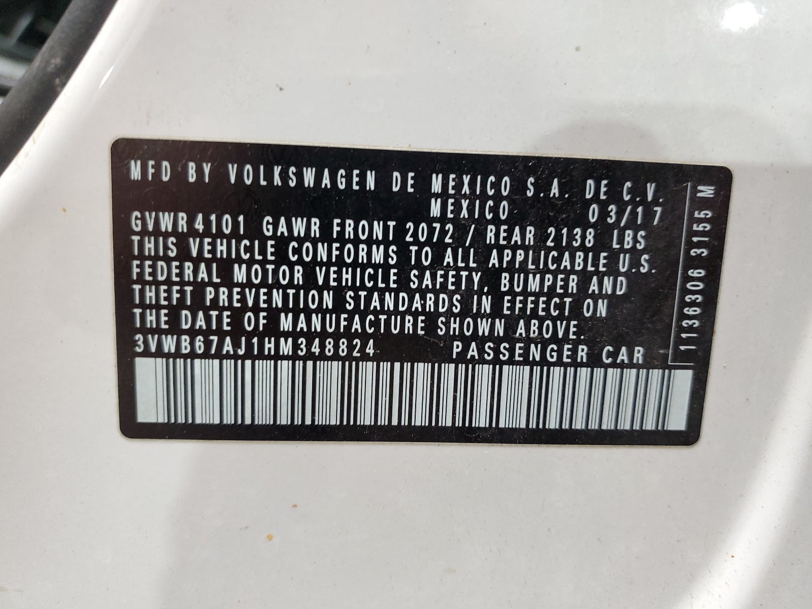 3VWB67AJ1HM348824 2017 Volkswagen Jetta Se