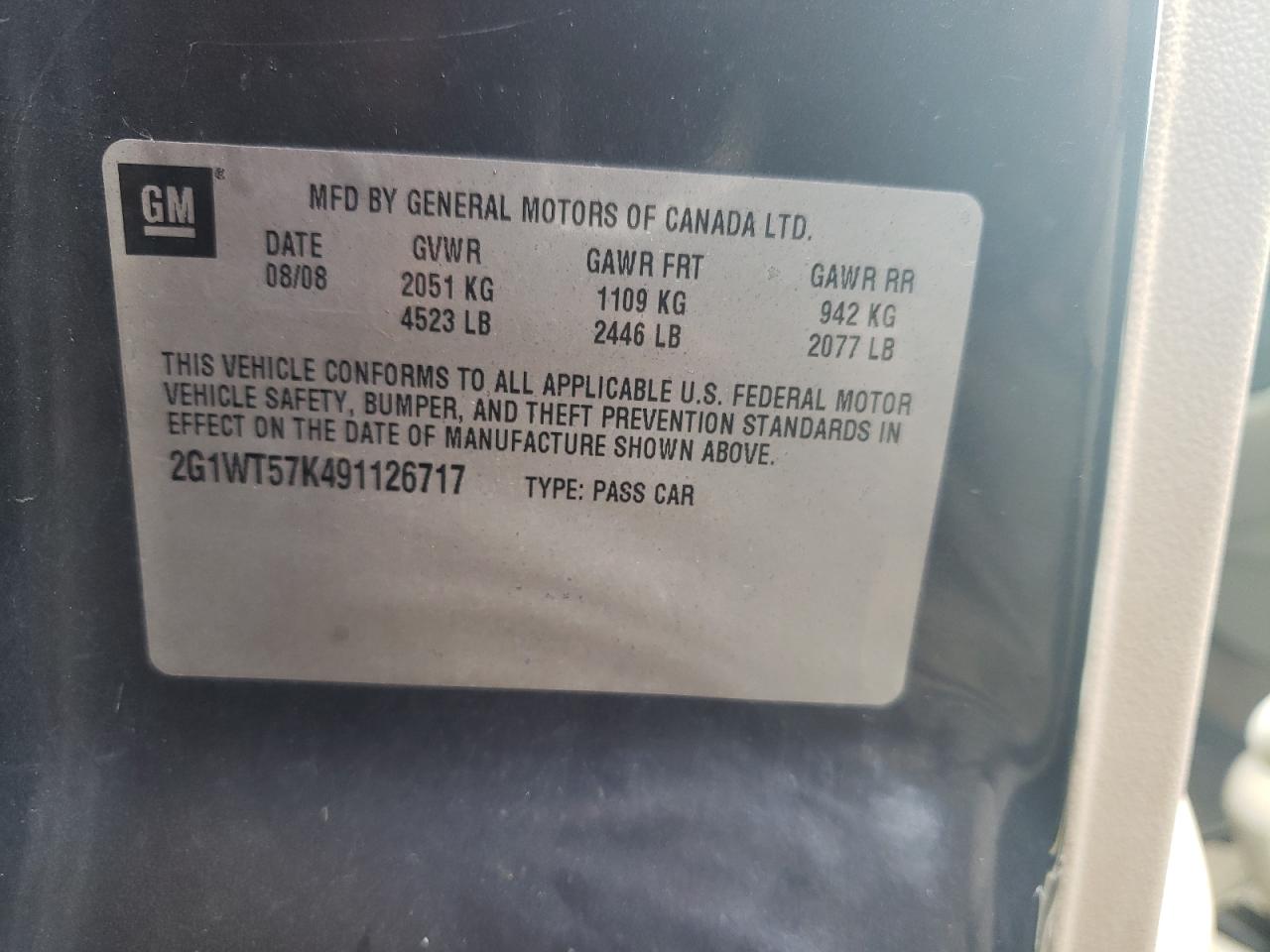 2009 Chevrolet Impala 1Lt VIN: 2G1WT57K491126717 Lot: 59233374