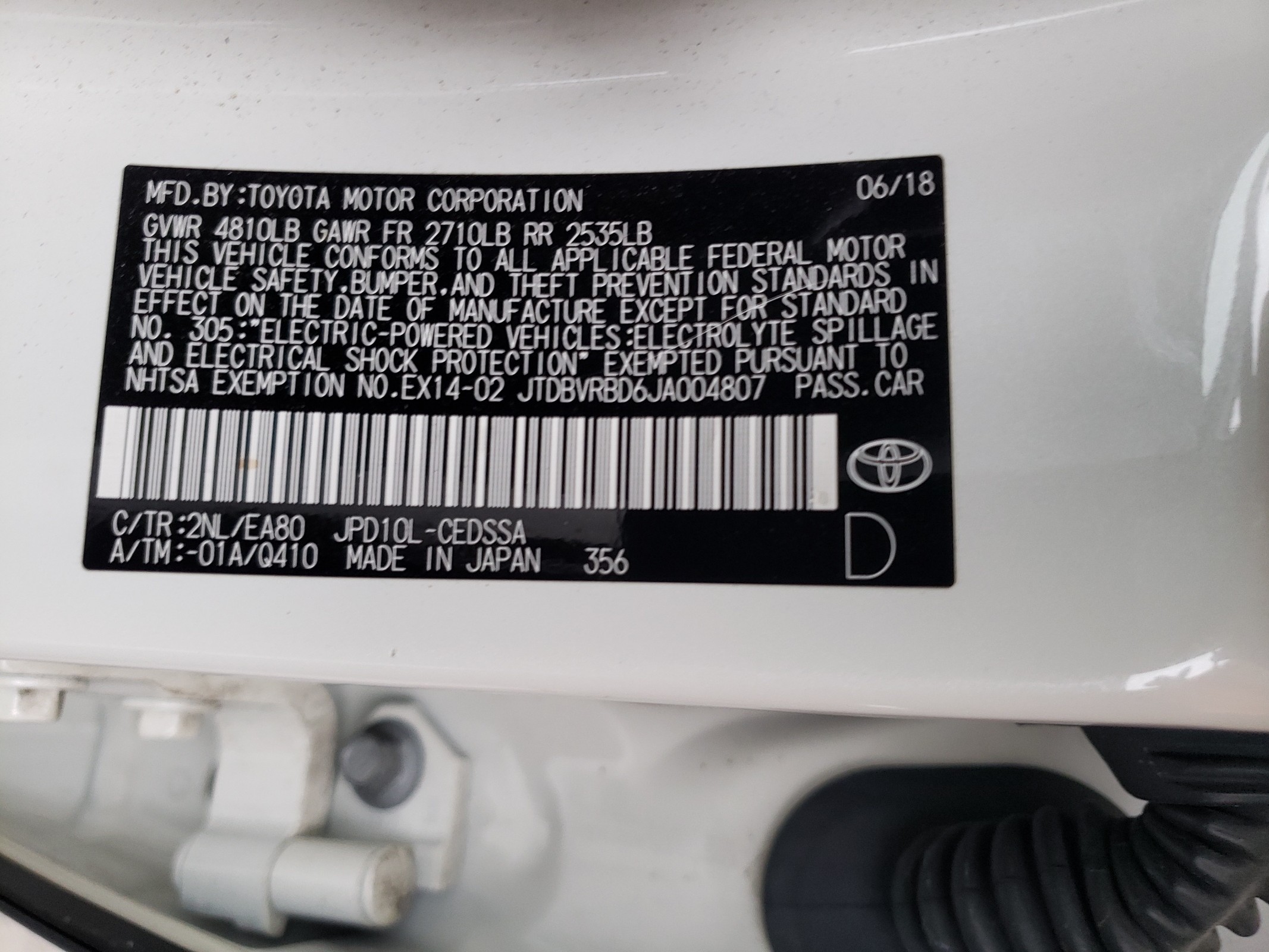 2018 Toyota Mirai vin: JTDBVRBD6JA004807