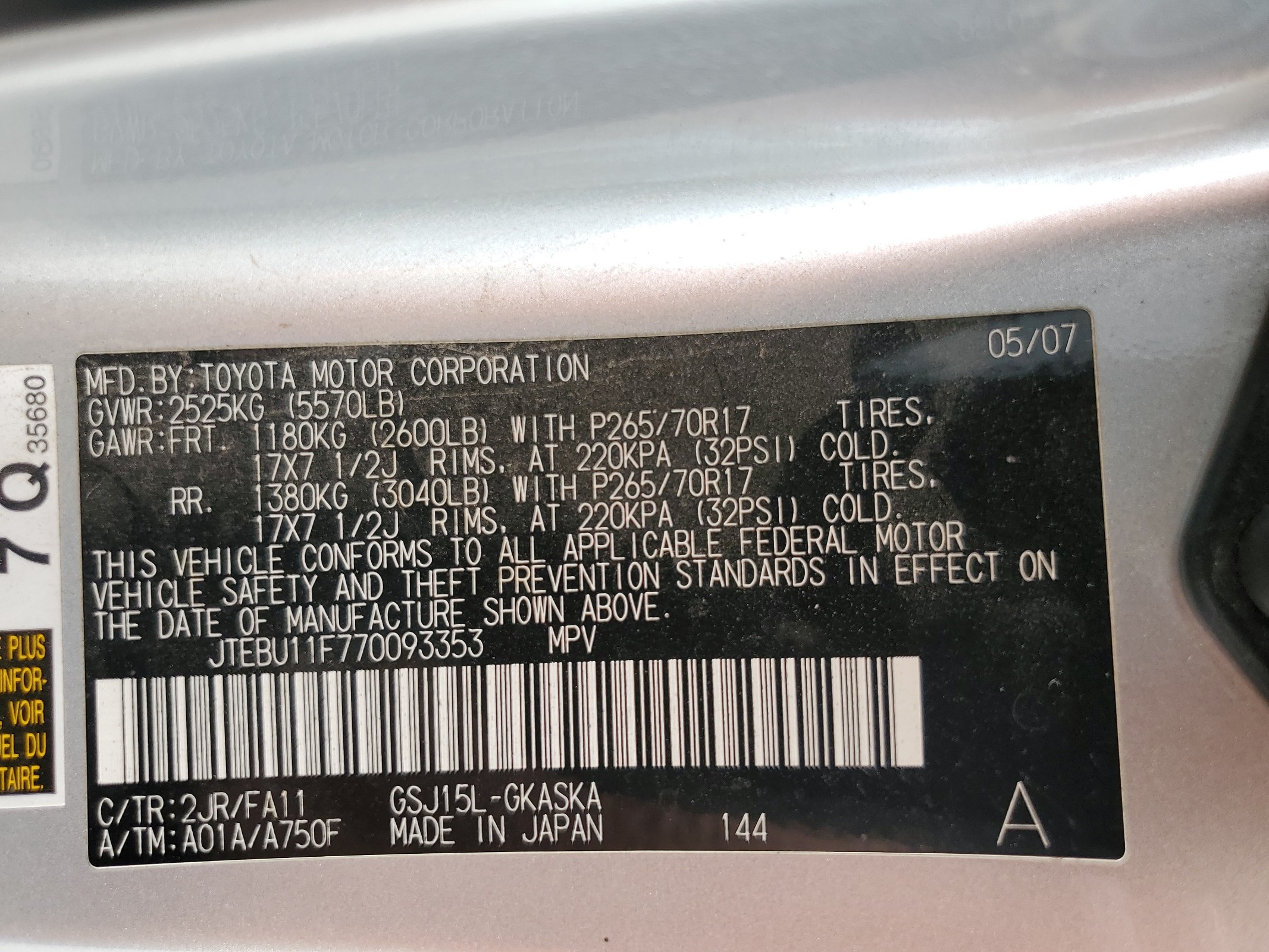 JTEBU11F770093353 2007 Toyota Fj Cruiser