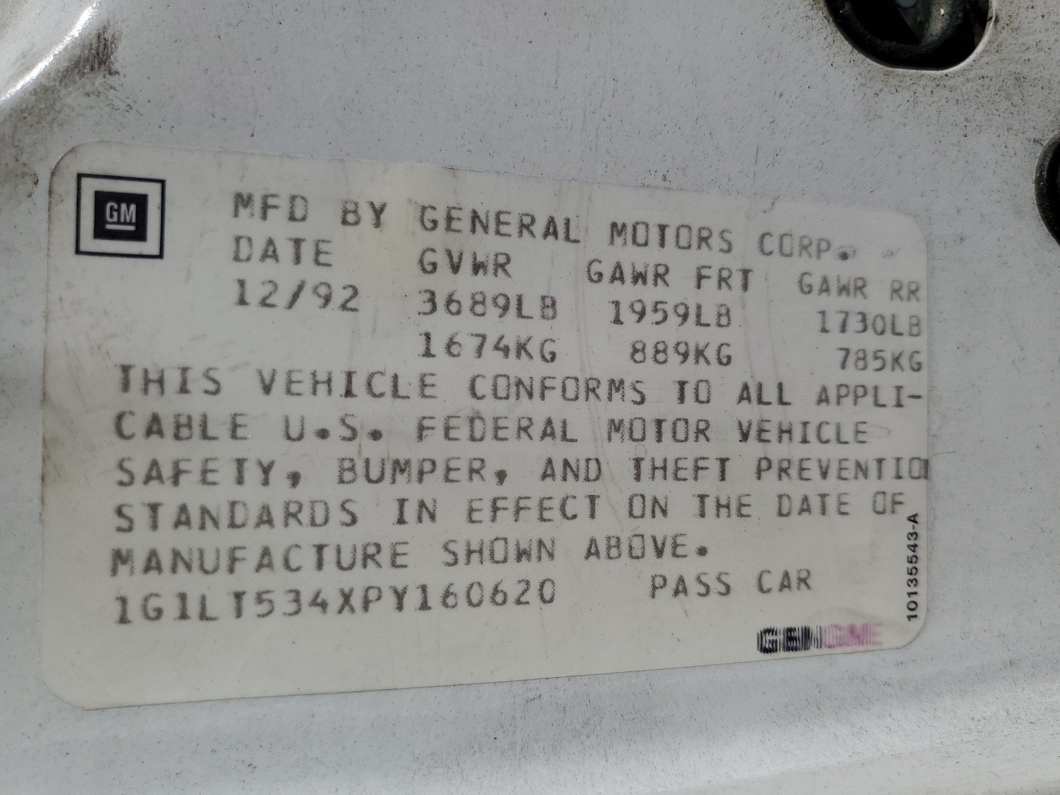 1G1LT534XPY160620 1993 Chevrolet Corsica Lt