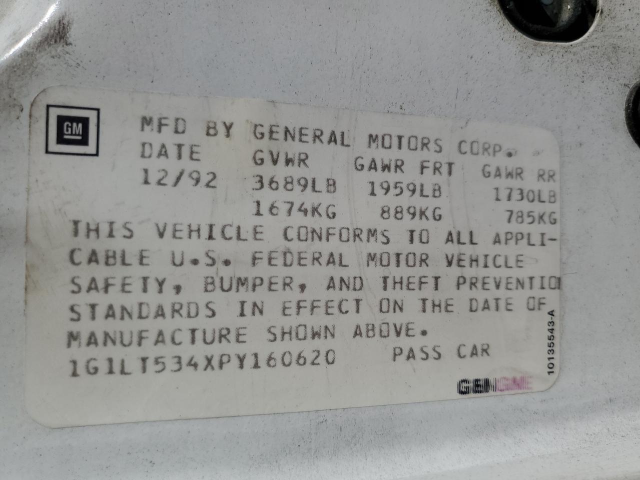 1993 Chevrolet Corsica Lt VIN: 1G1LT534XPY160620 Lot: 59880984