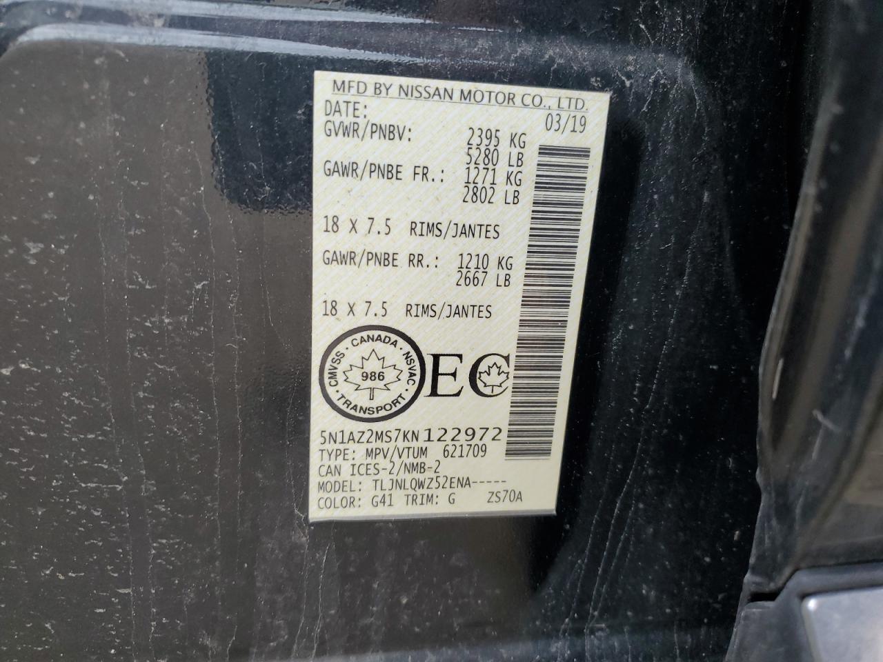 2019 Nissan Murano S VIN: 5N1AZ2MS7KN122972 Lot: 58974634