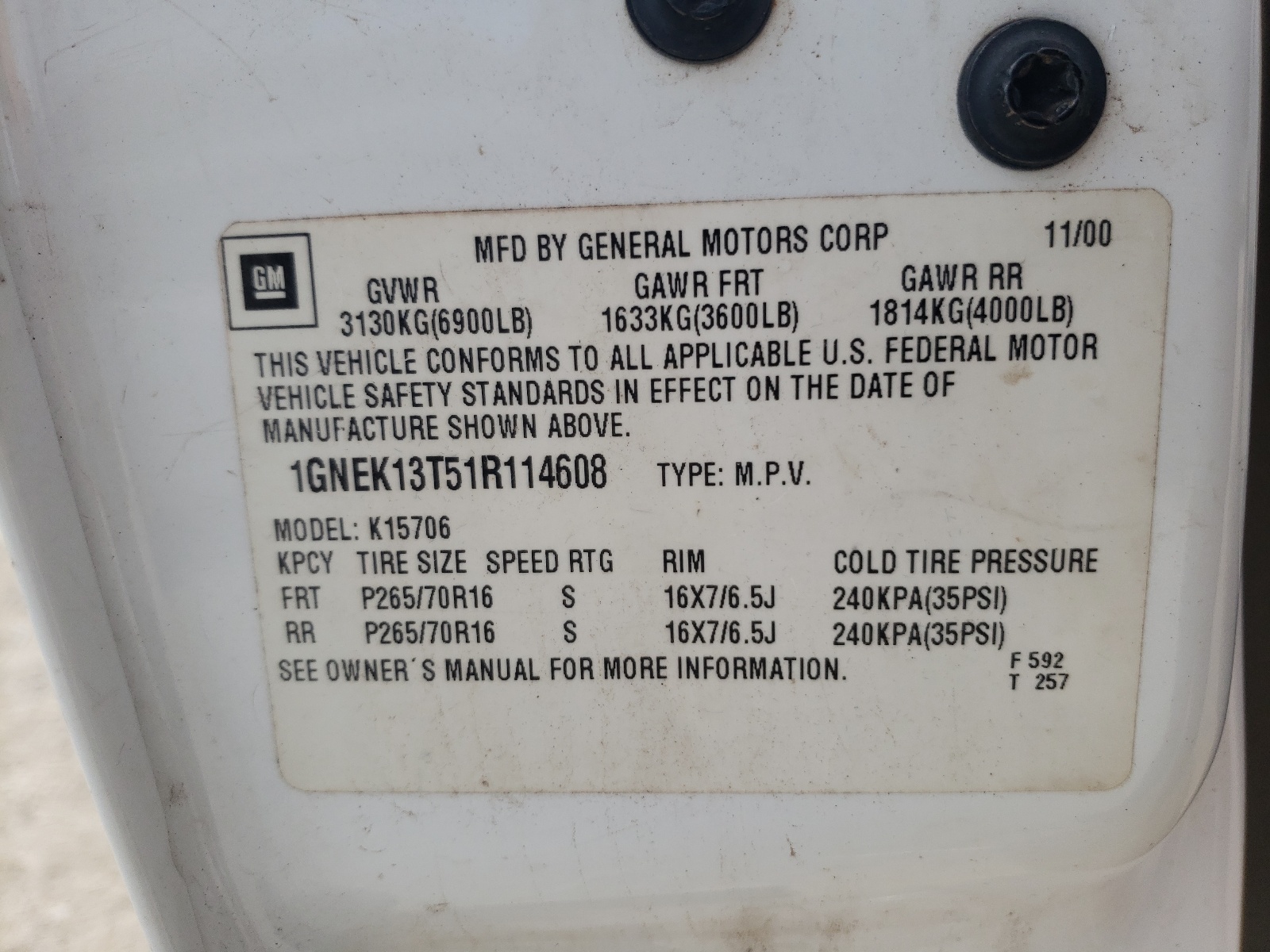 1GNEK13T51R114608 2001 Chevrolet Tahoe K1500