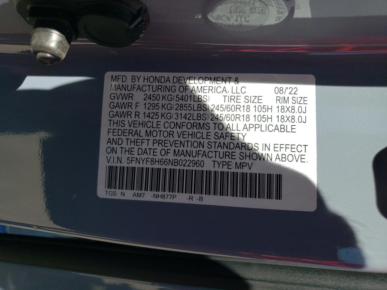 2022 Honda Passport Trail Sport VIN: 5FNYF8H66NB022960 Lot: 58132364