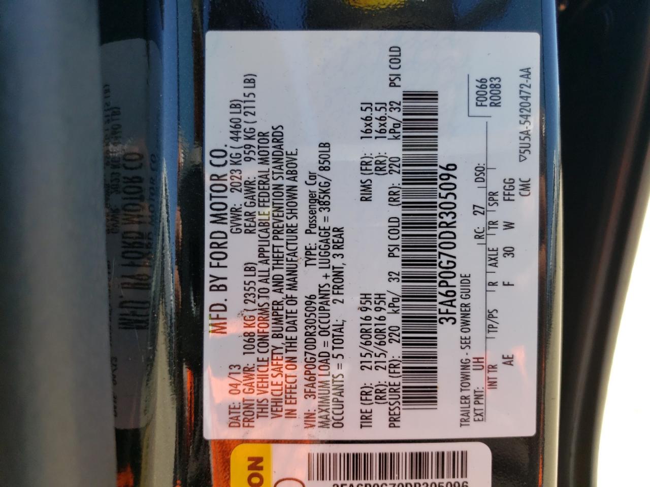 2013 Ford Fusion S VIN: 3FA6P0G70DR305096 Lot: 57102354