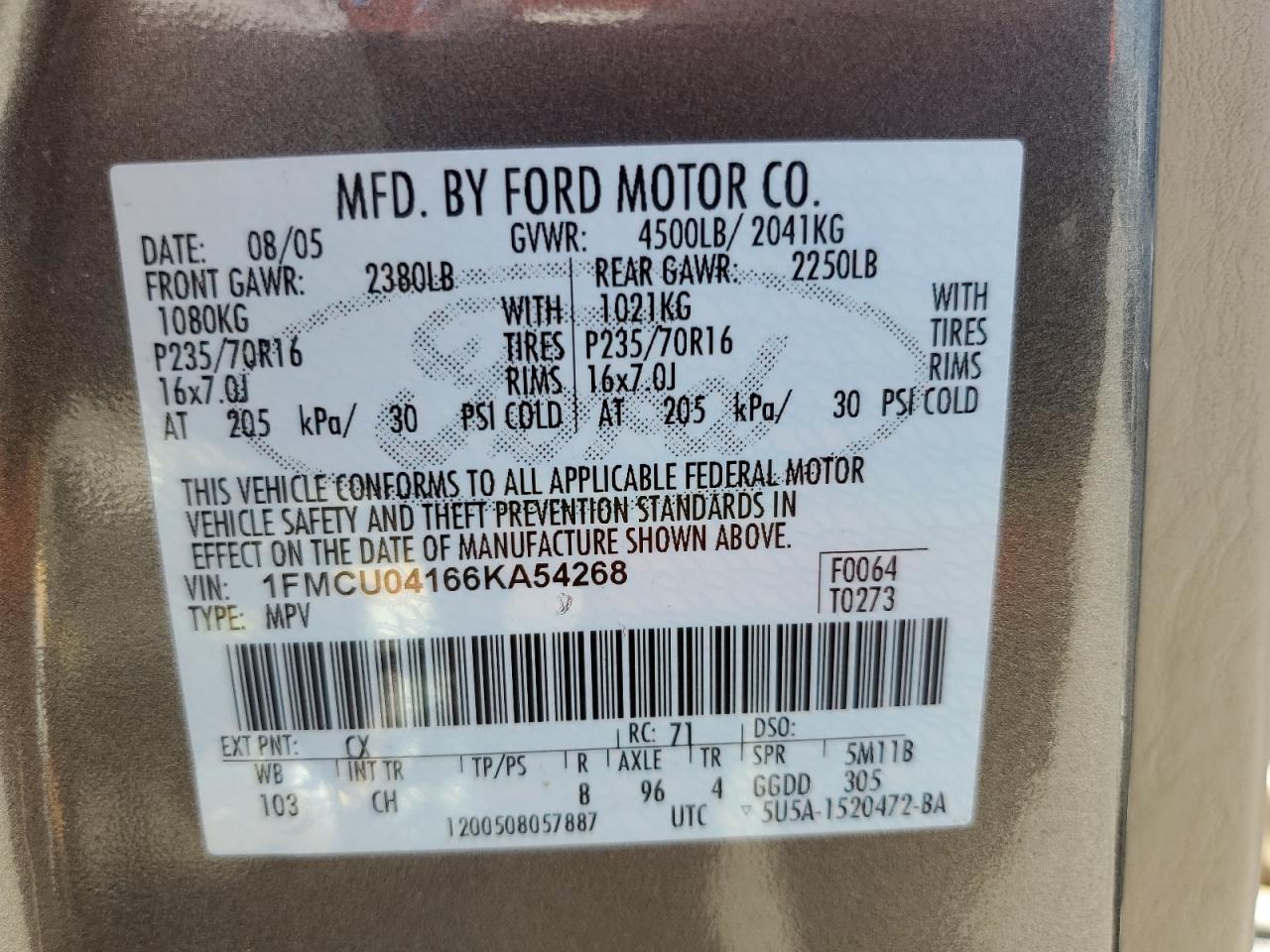 2006 Ford Escape Limited VIN: 1FMCU04166KA54268 Lot: 60752074