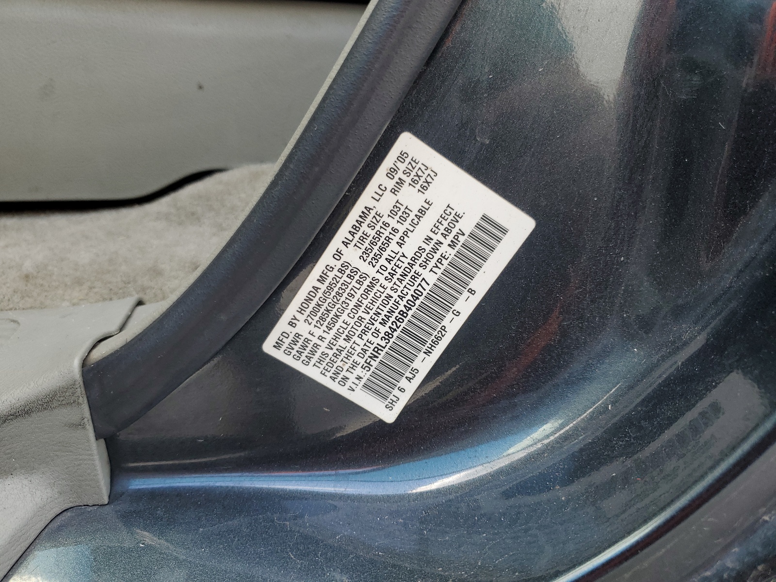 5FNRL38426B404077 2006 Honda Odyssey Ex