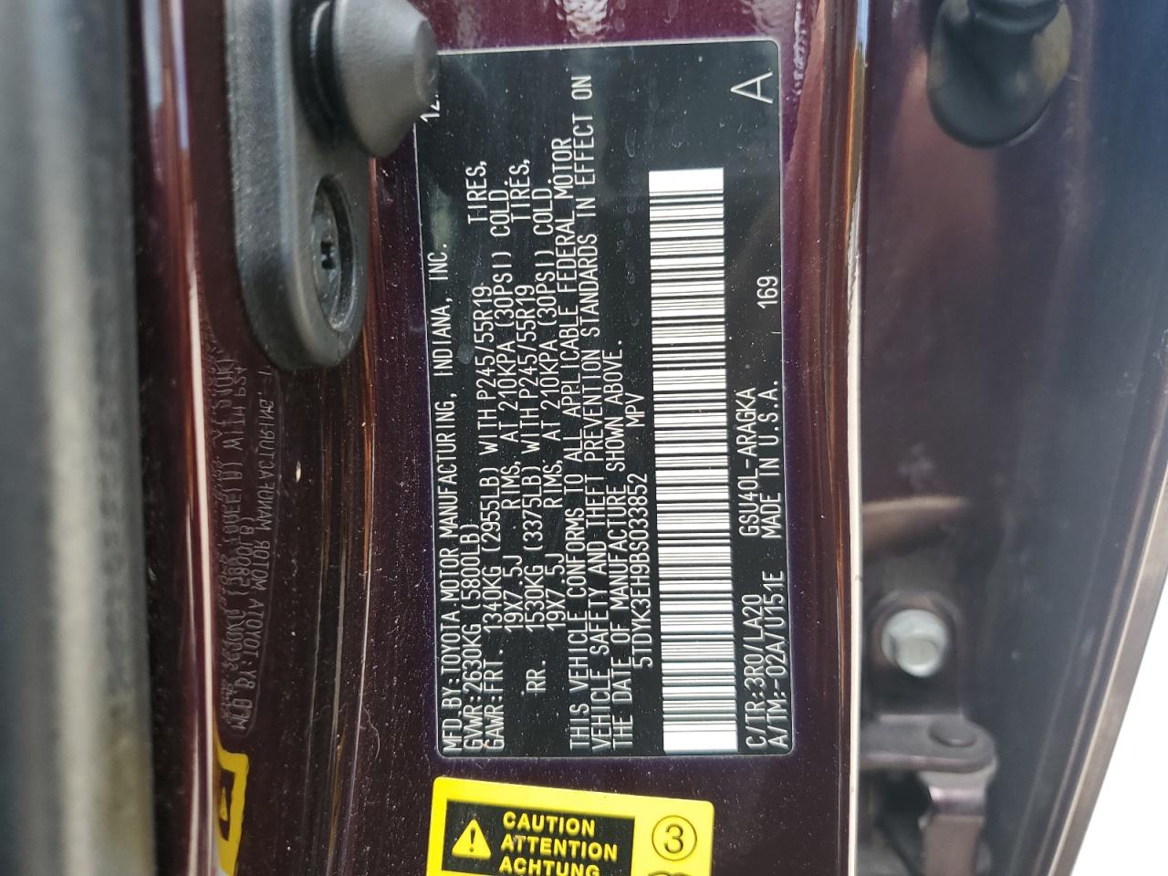 2011 Toyota Highlander Limited VIN: 5TDYK3EH9BS033852 Lot: 58870434