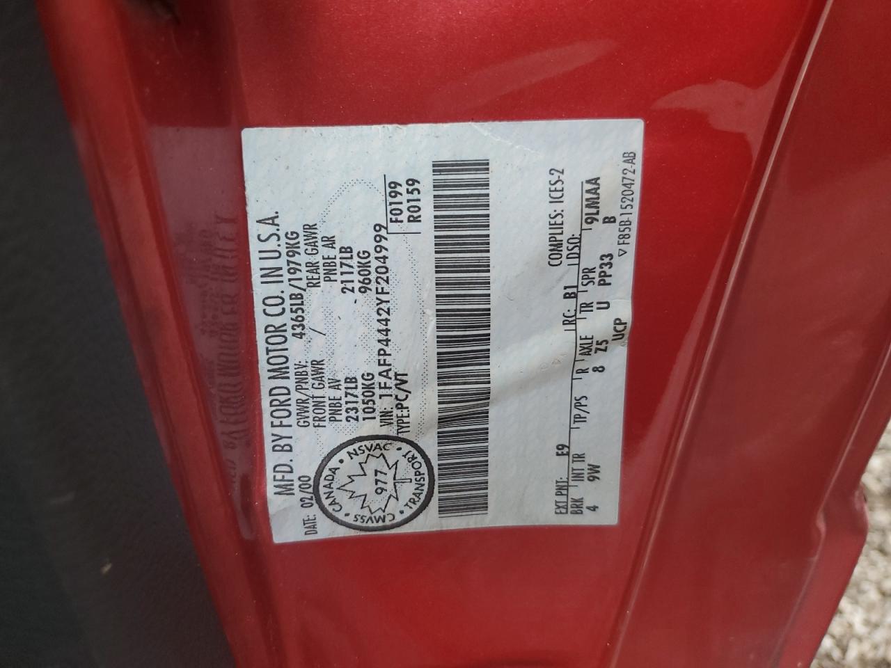 2000 Ford Mustang VIN: 1FAFP4442YF204999 Lot: 60610114