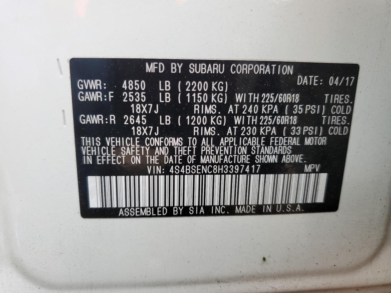 2017 Subaru Outback 3.6R Limited VIN: 4S4BSENC8H3397417 Lot: 57619714