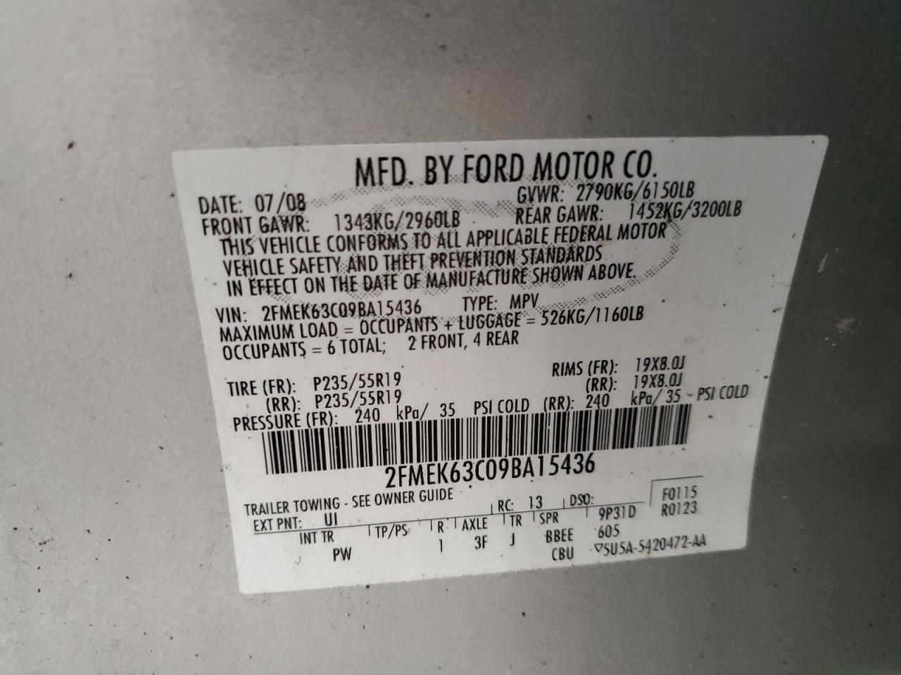 2009 Ford Flex Limited VIN: 2FMEK63C09BA15436 Lot: 57885544