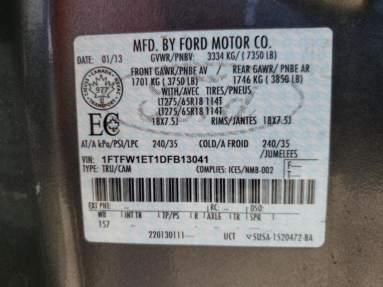 2013 Ford F150 Supercrew VIN: 1FTFW1ET1DFB13041 Lot: 58779014