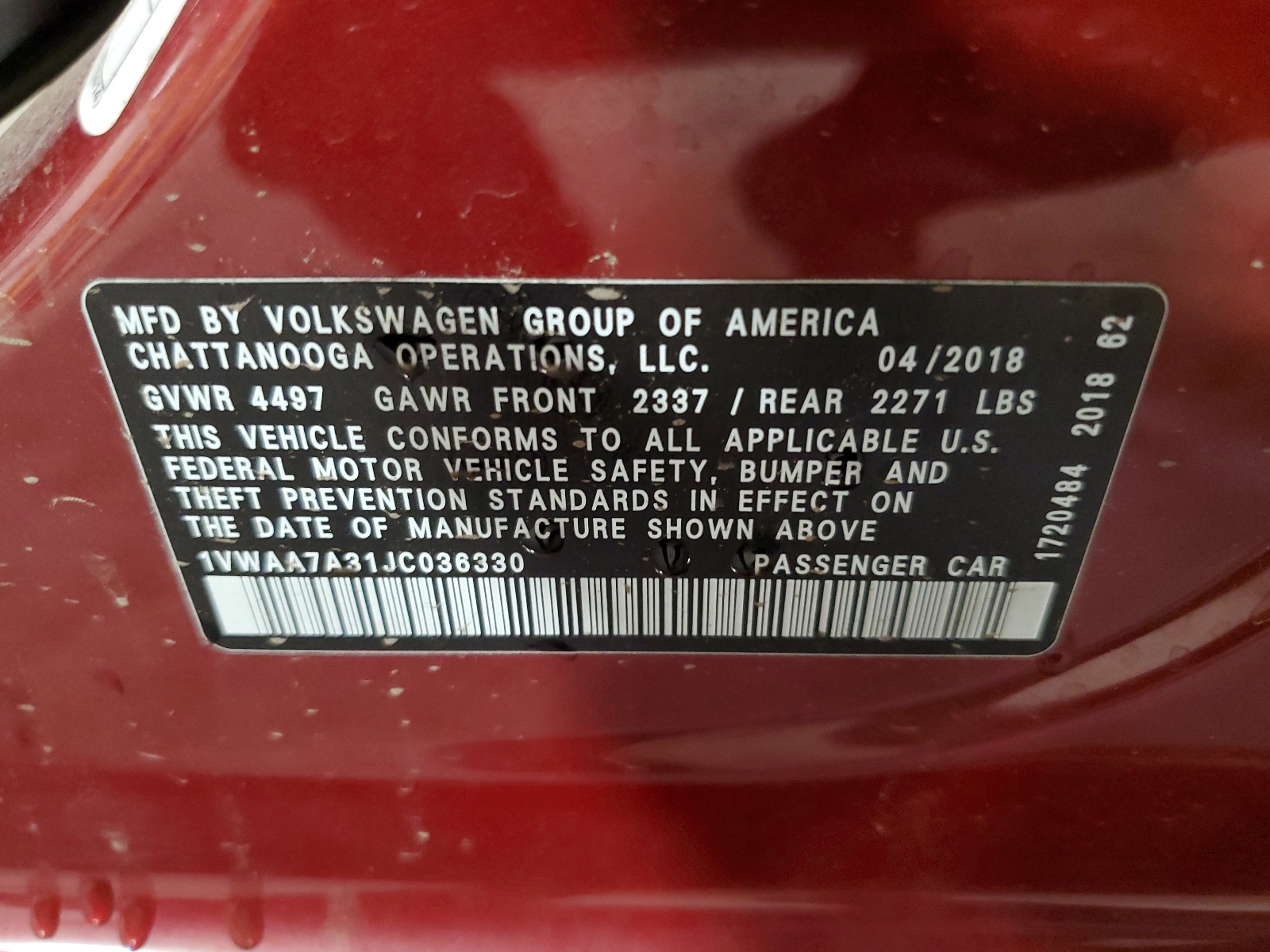 1VWAA7A31JC036330 2018 Volkswagen Passat S