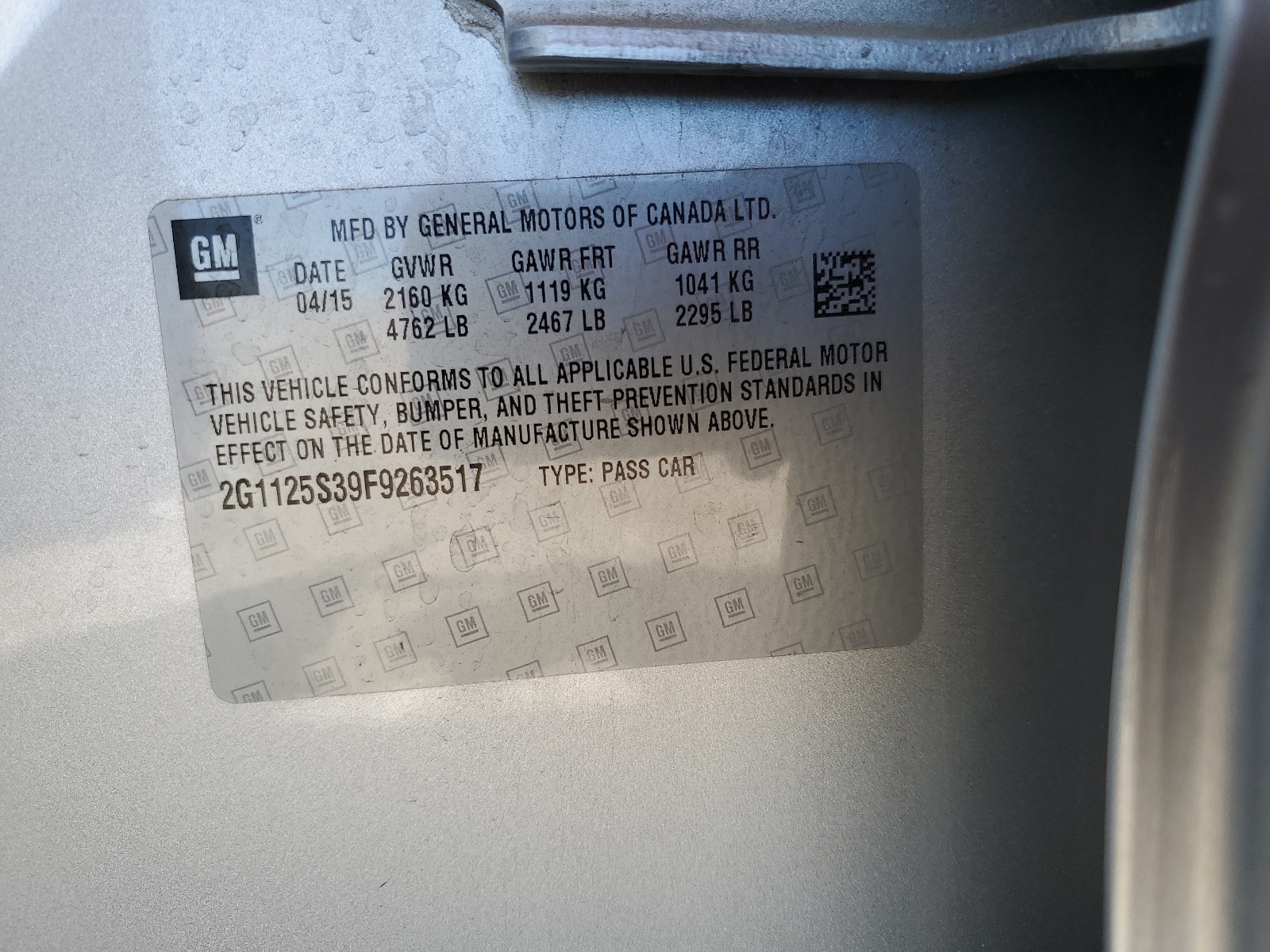 2G1125S39F9263517 2015 Chevrolet Impala Lt