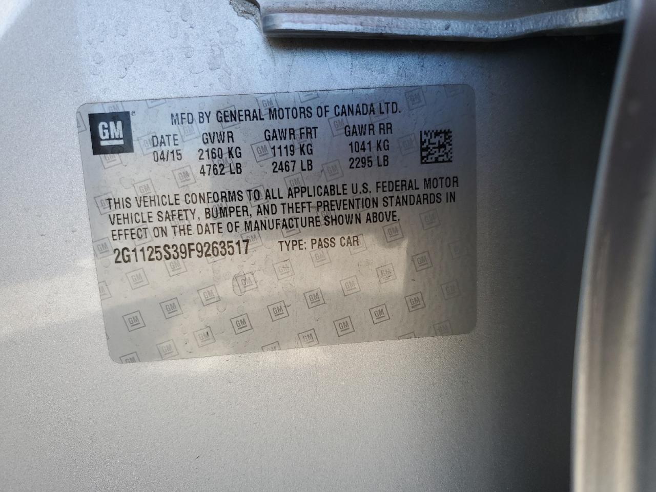 2015 Chevrolet Impala Lt VIN: 2G1125S39F9263517 Lot: 60256194