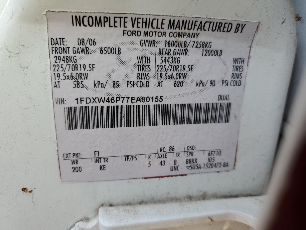 2007 Ford F450 Super Duty VIN: 1FDXW46P77EA80155 Lot: 57861134