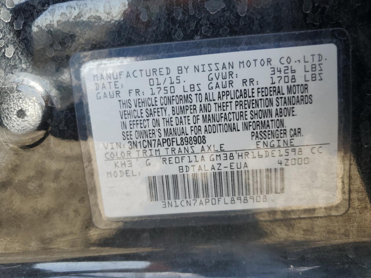 3N1CN7AP0FL898908 2015 Nissan Versa S