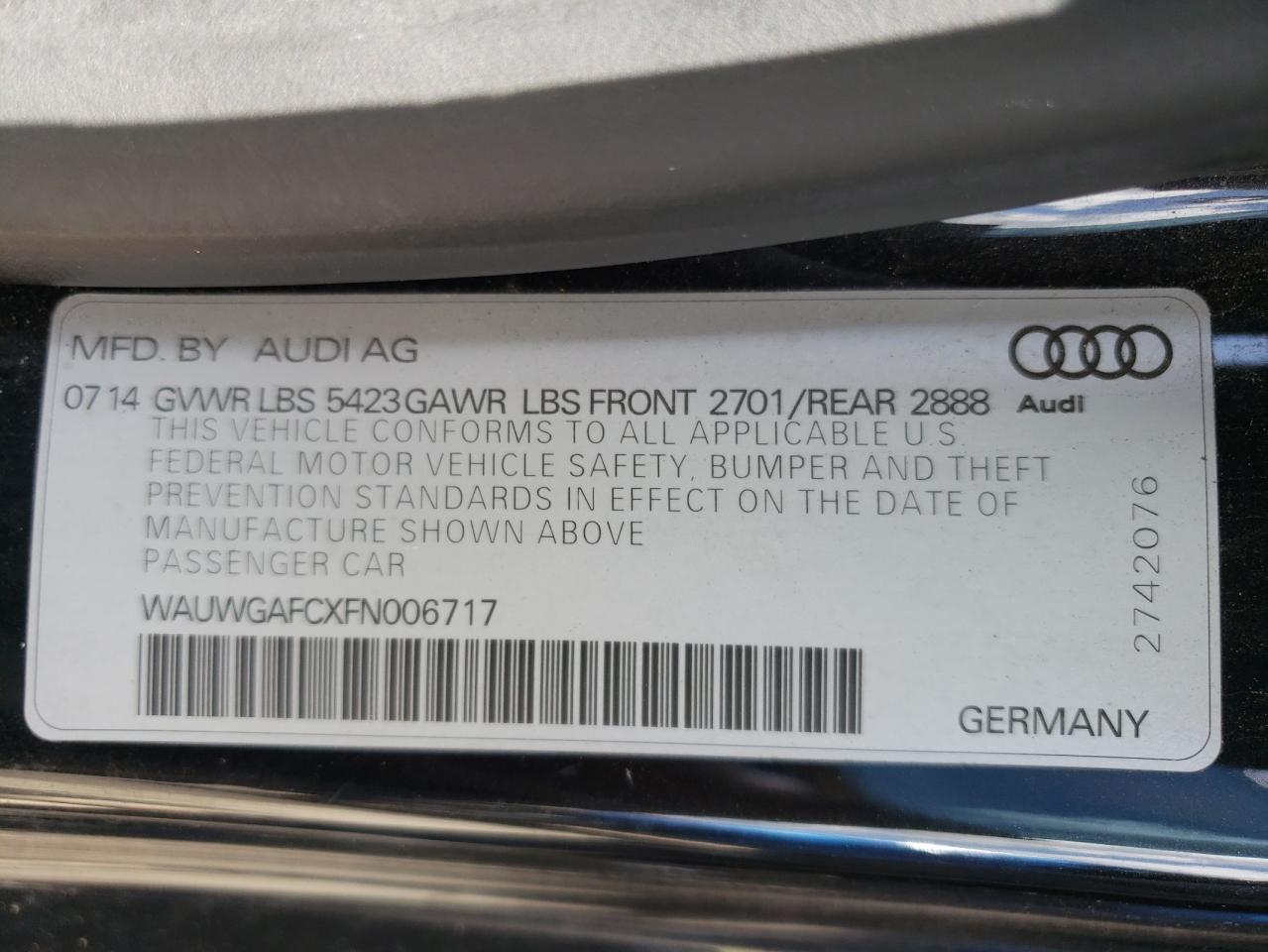 2015 Audi A7 Premium Plus VIN: WAUWGAFCXFN006717 Lot: 59400784