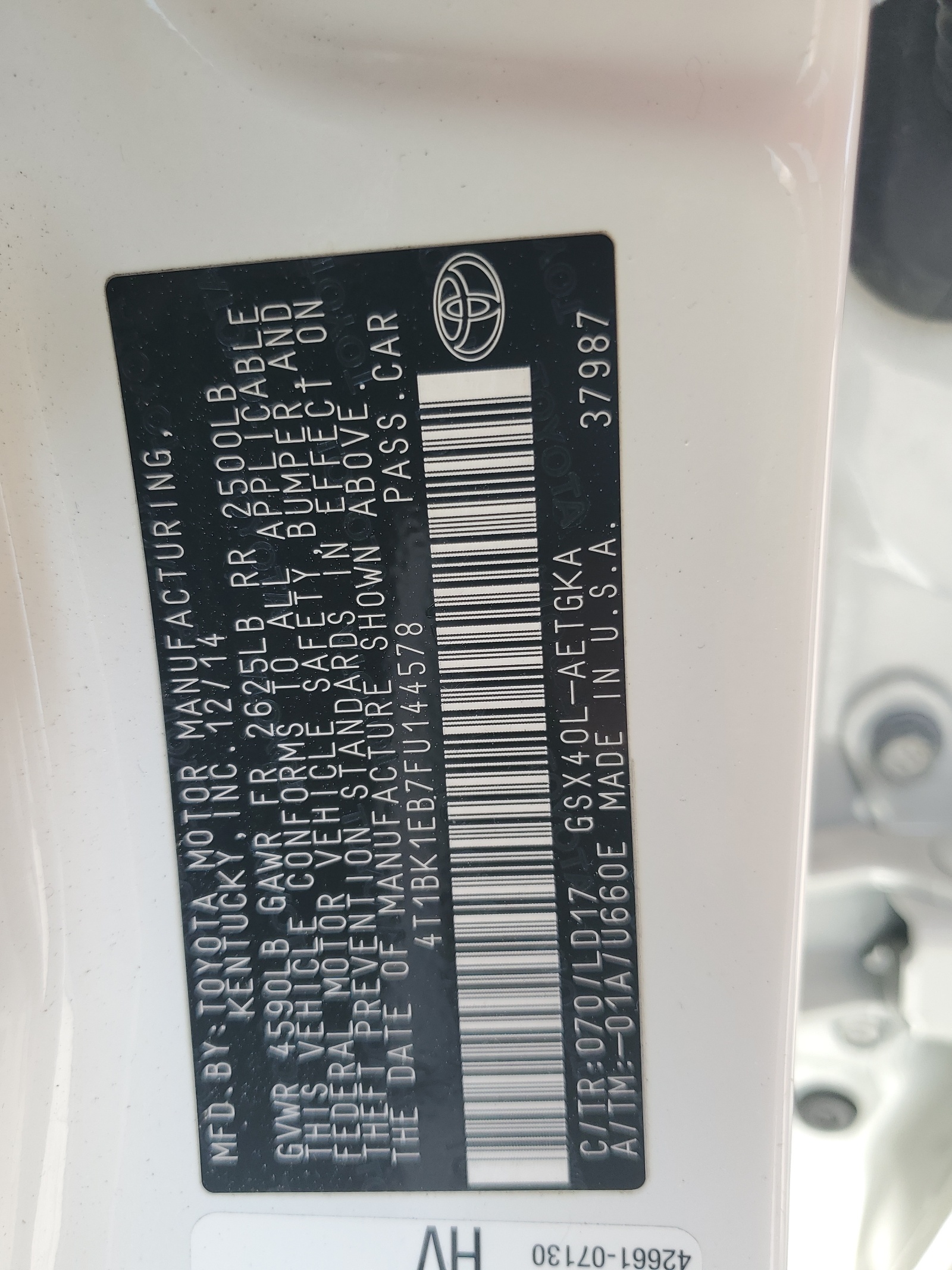 4T1BK1EB7FU144578 2015 Toyota Avalon Xle