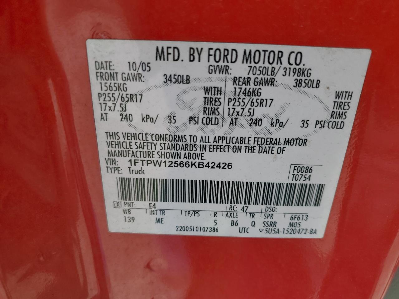 2006 Ford F150 Supercrew VIN: 1FTPW12566KB42426 Lot: 58940074