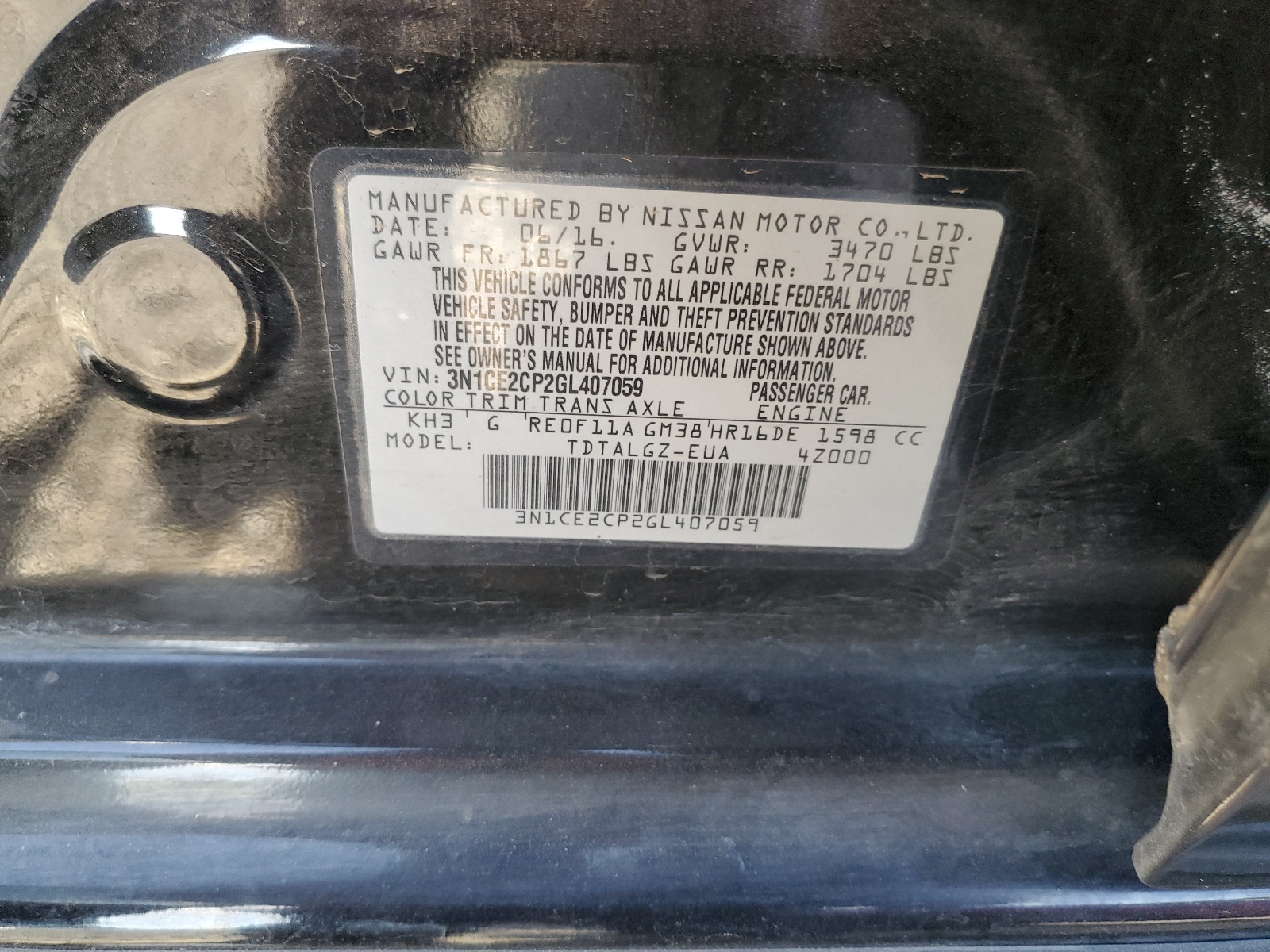3N1CE2CP2GL407059 2016 Nissan Versa Note S