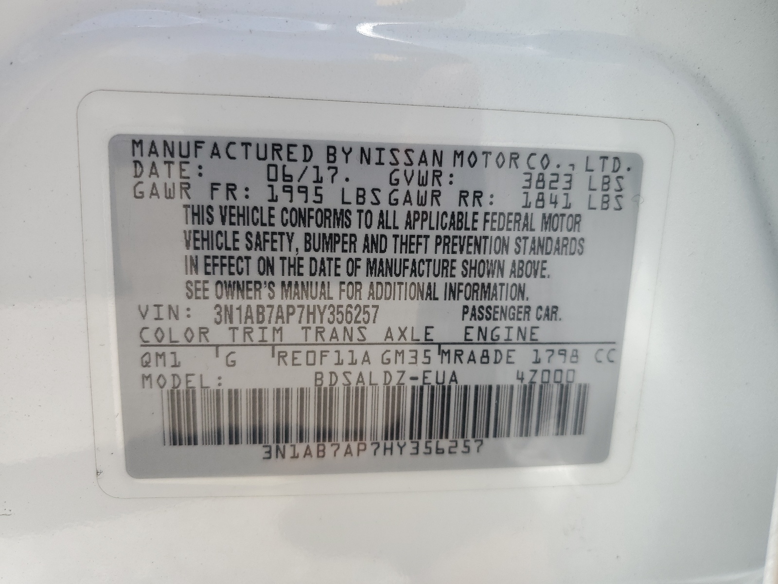 3N1AB7AP7HY356257 2017 Nissan Sentra S