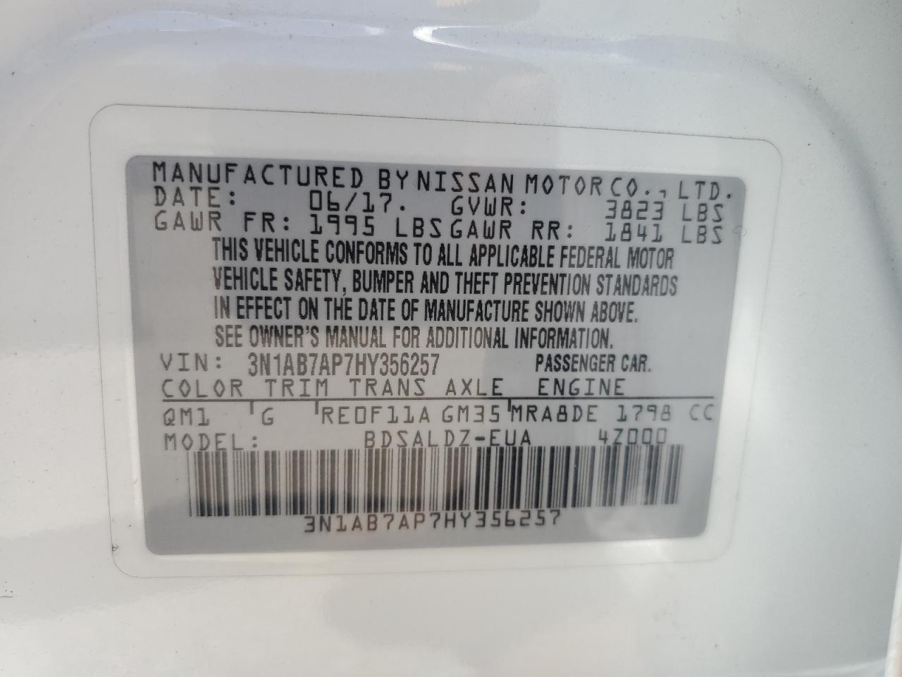 2017 Nissan Sentra S VIN: 3N1AB7AP7HY356257 Lot: 60518574