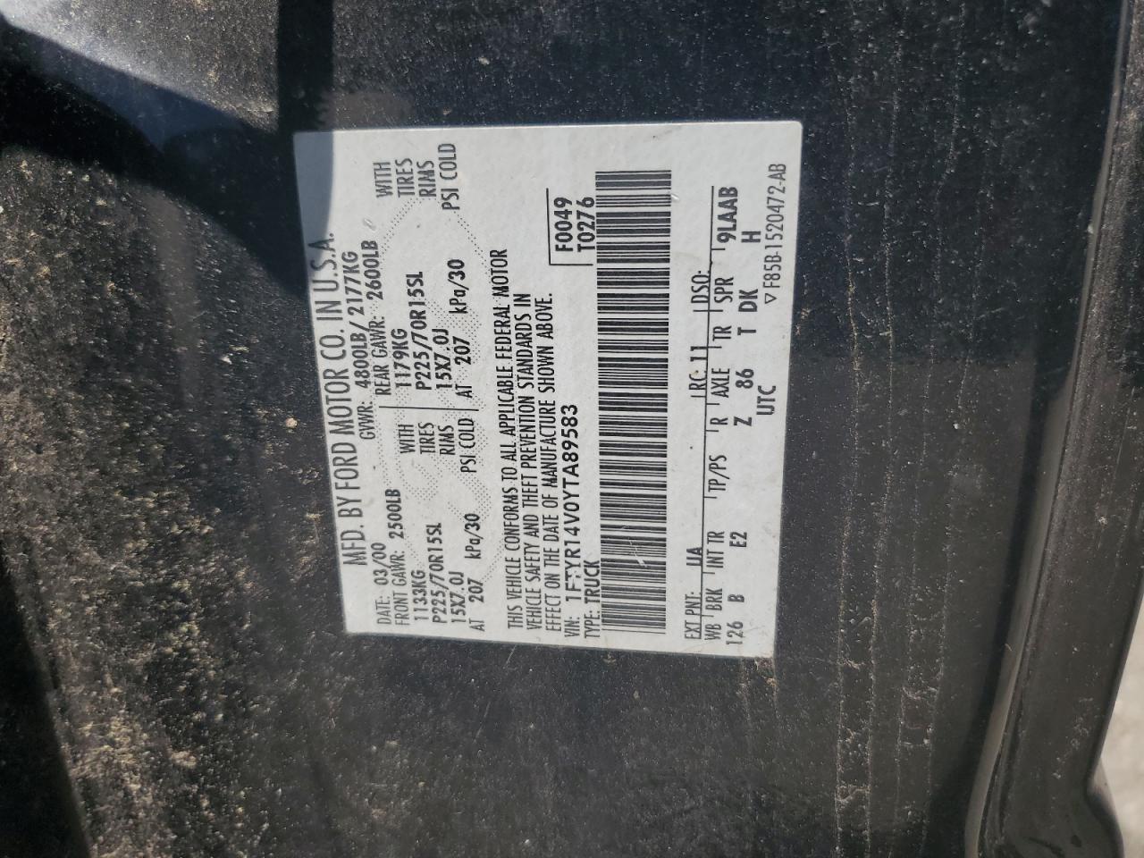 2000 Ford Ranger Super Cab VIN: 1FTYR14V0YTA89583 Lot: 61232074