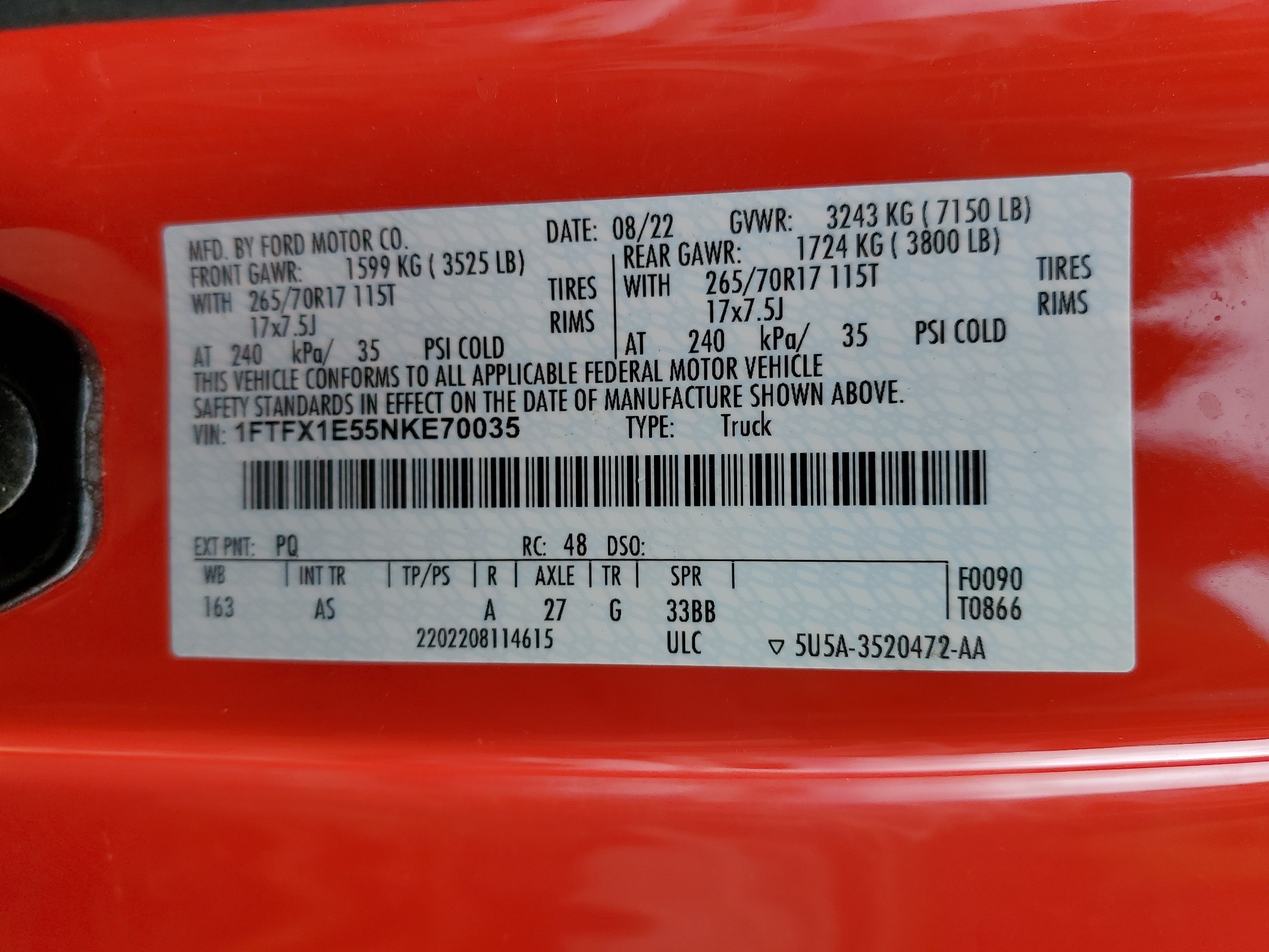 1FTFX1E55NKE70035 2022 Ford F150 Super Cab