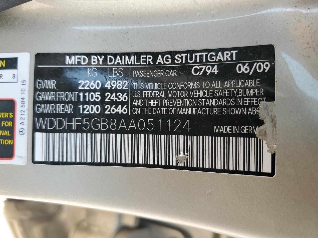 2010 Mercedes-Benz E 350 VIN: WDDHF5GB8AA051124 Lot: 58489004