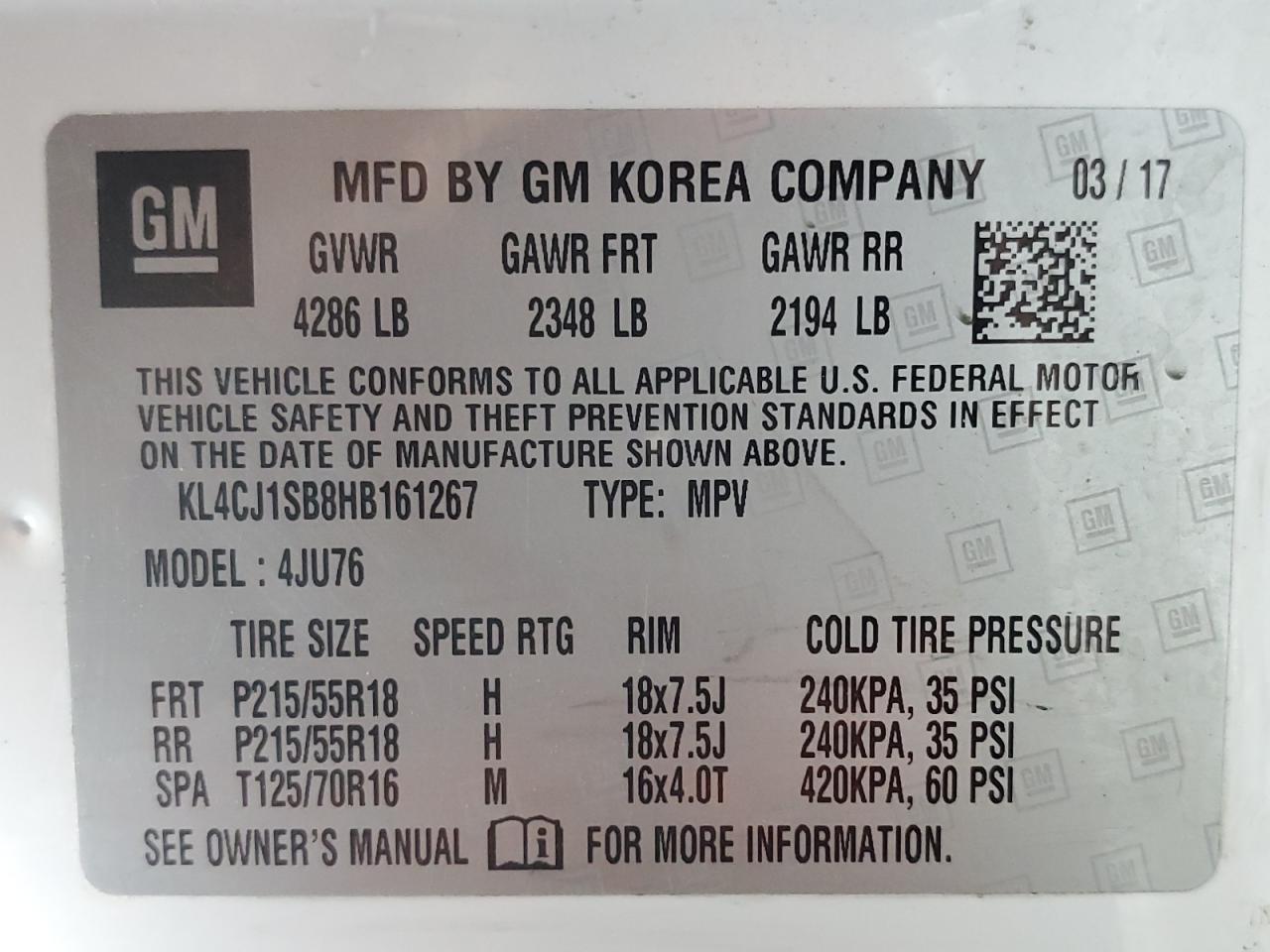 2017 Buick Encore Sport Touring VIN: KL4CJ1SB8HB161267 Lot: 59305534